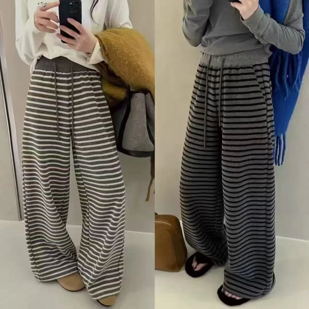 条纹阔腿裤女2025春季宽松慵懒感裤高腰撞色垂感显瘦拖地长裤KA07