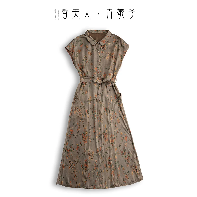 青娘子-真丝（以悦）收腰宽松时尚简约复古气质长款连衣裙60526