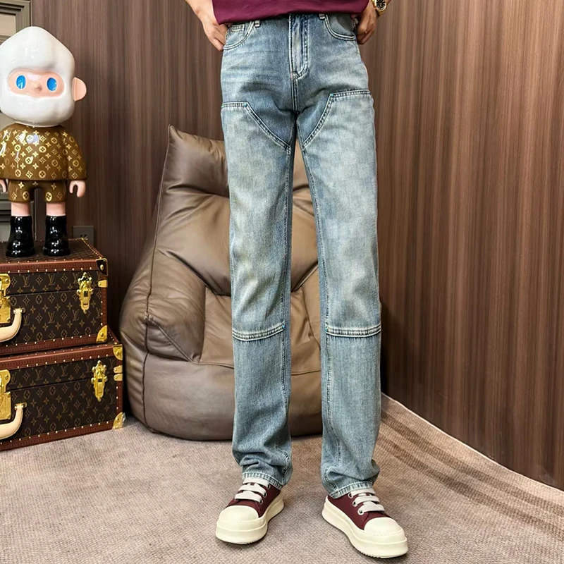 轻奢超宽绿松石牛仔裤男款暗纹棋盘格直筒浅蓝色牛仔裤美式复古