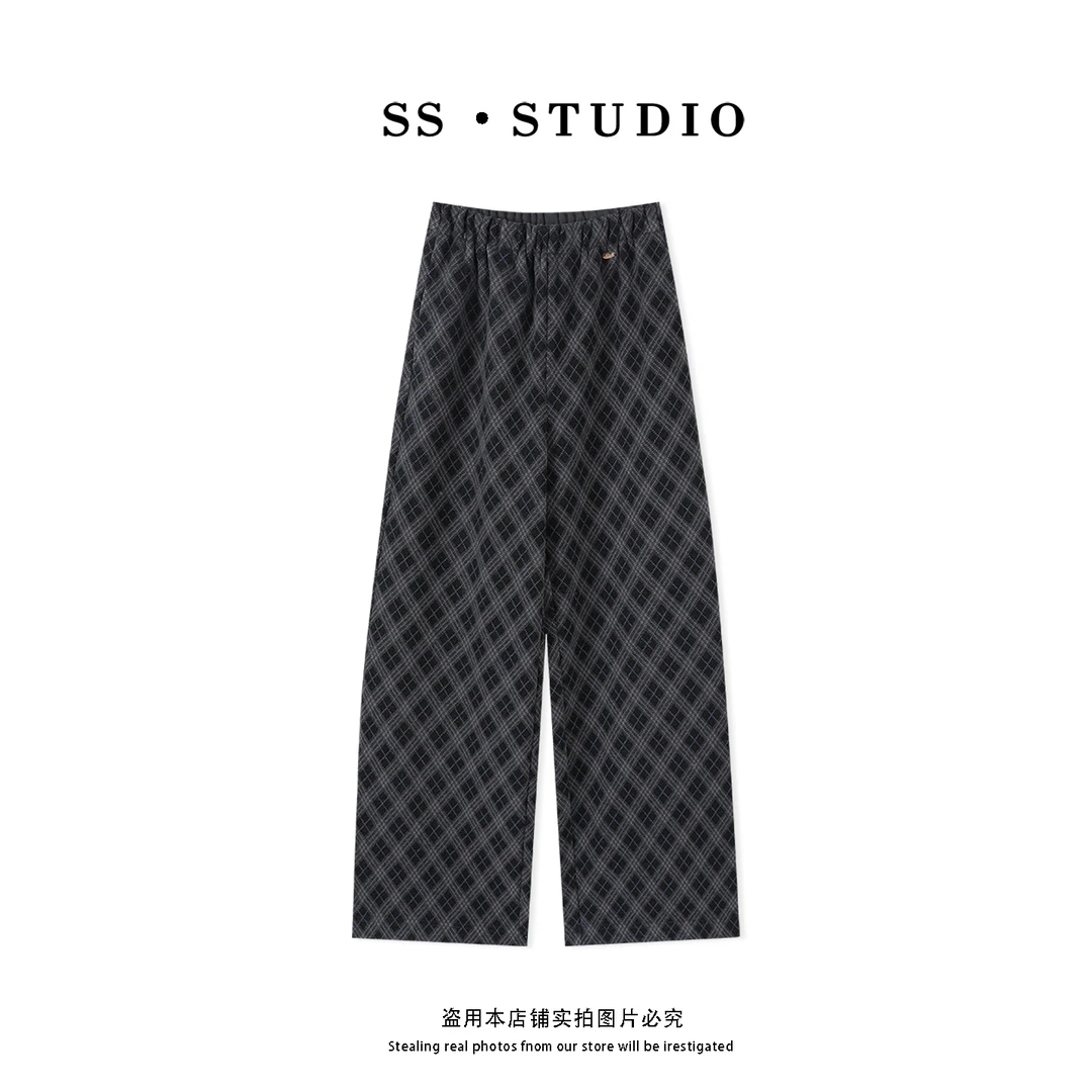 【SUSU】2026新款高腰显瘦直筒裤时尚休闲百搭松紧腰格子裤SS-2018