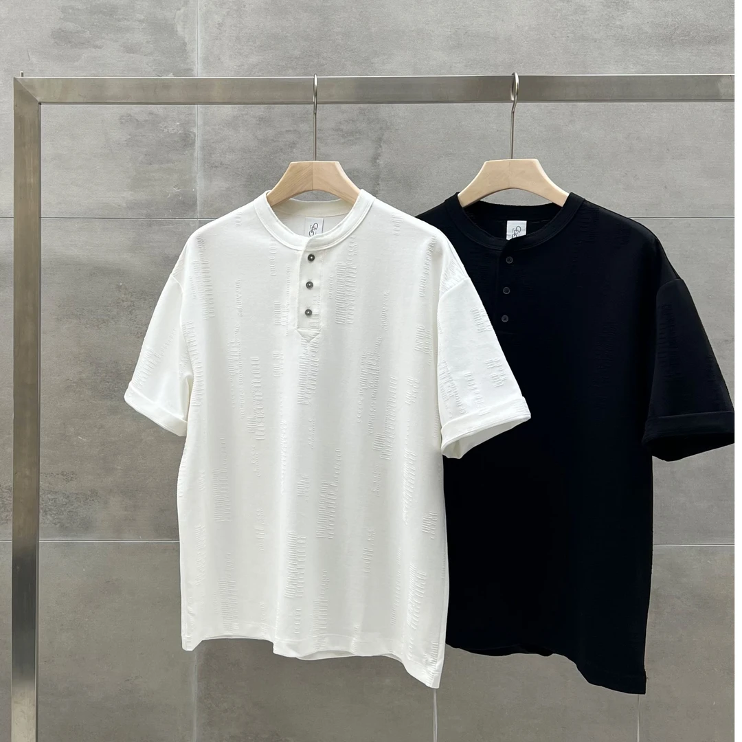 激光烧花Henry Neck改良式亨利领美式复古短袖T恤男女半袖宽松