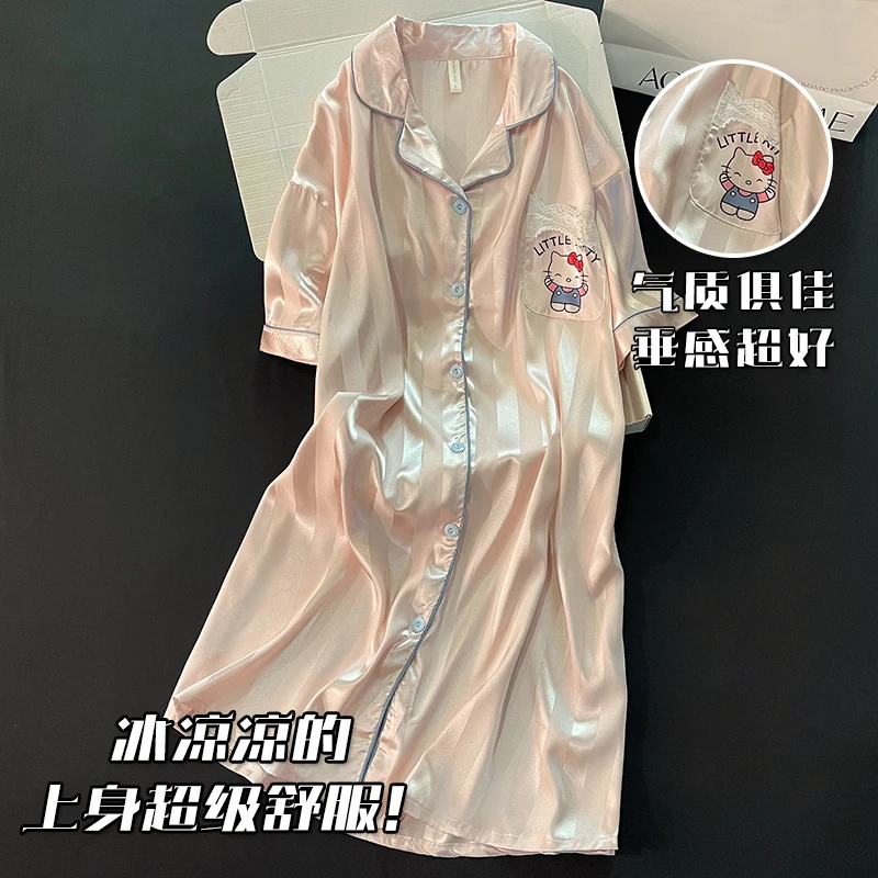 冰雪丝睡裙女短袖夏季甜美蕾丝卡通可爱凯蒂猫睡衣新款长款家居服
