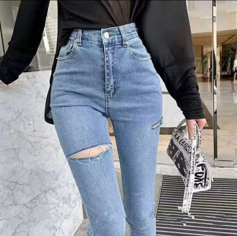 破洞小脚裤春夏新款九分牛仔裤高腰紧身弹力显瘦铅笔夏季小个子