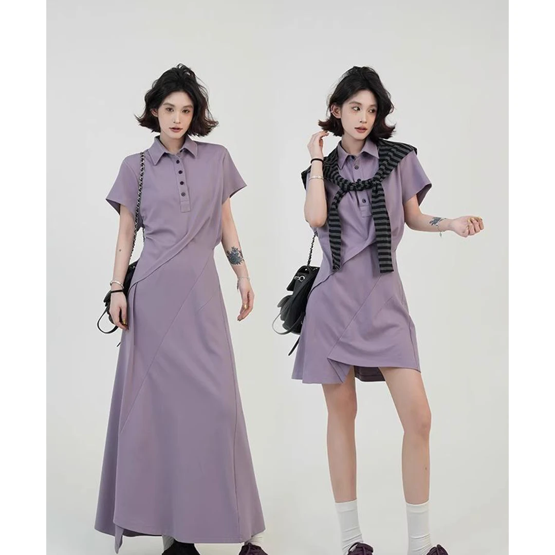 小秋家紫色长裙不规则T恤连衣裙女夏季韩系设计感修身收腰A字裙