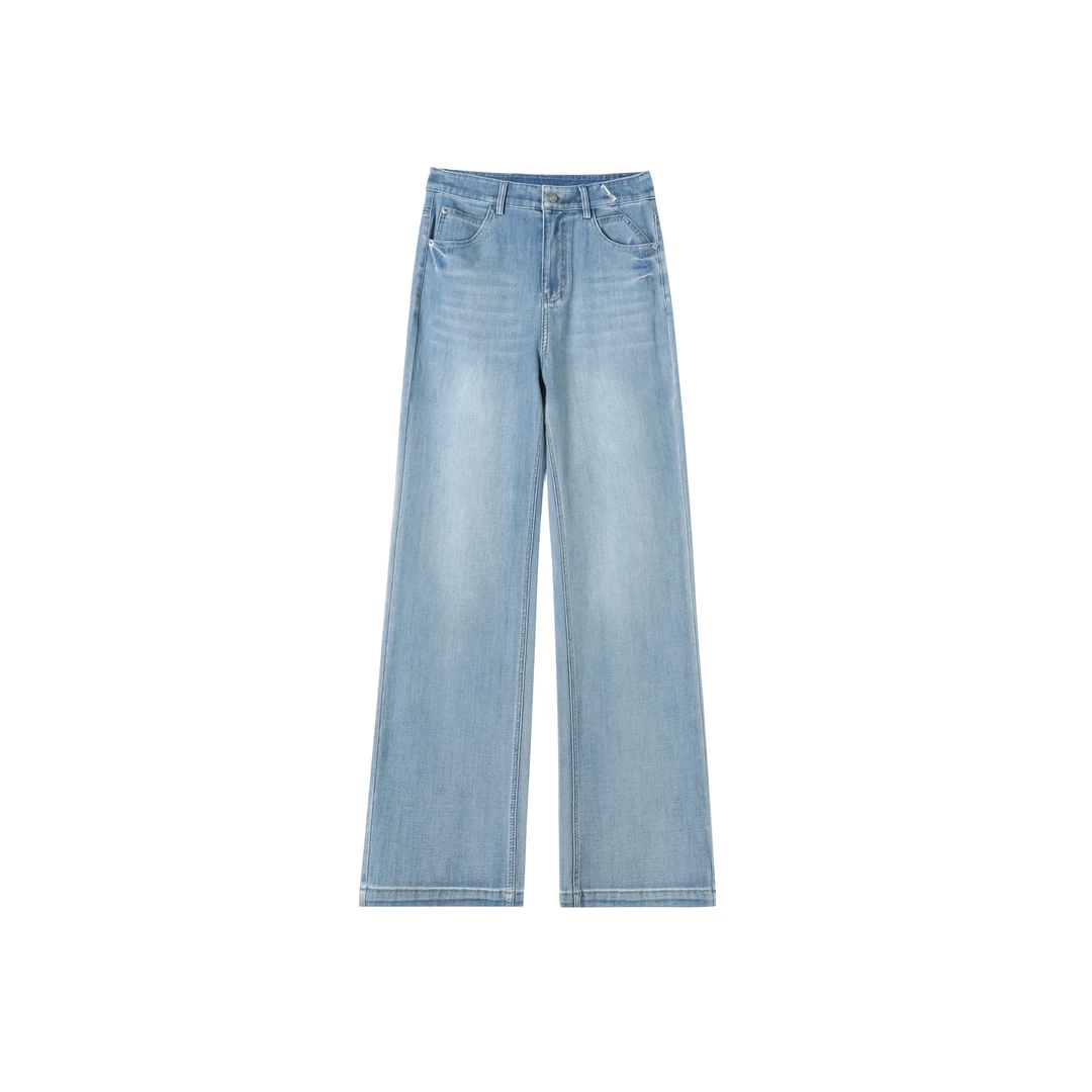 冰川蓝夏新款高腰窄版直筒裤轻薄醋酸天丝垂感牛仔裤女款爆款8016