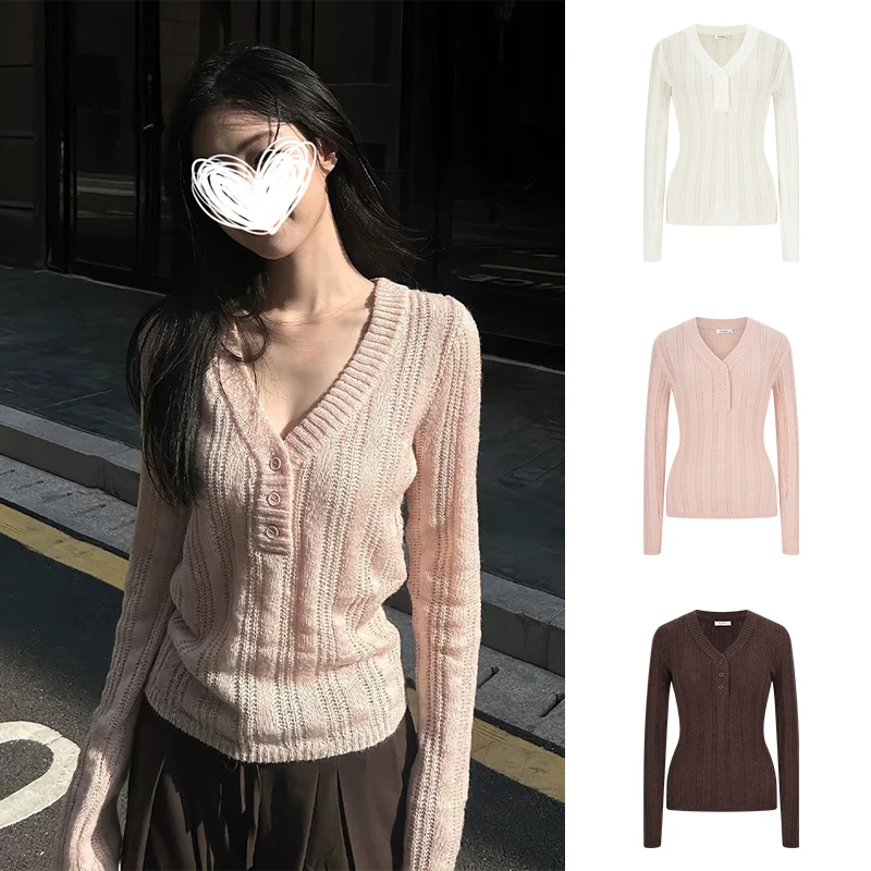 Moses Queen/魔西女王镂空V领毛针织衫甜美藕粉修身温柔长袖毛衣