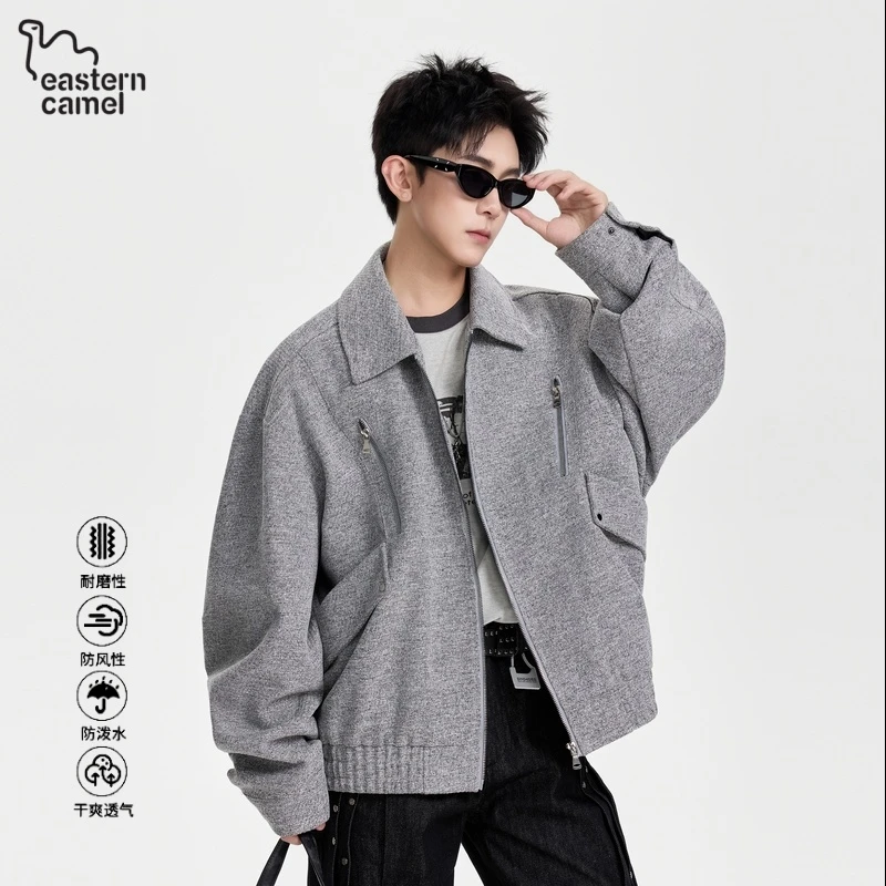东方骆驼街头复古斜纹毛呢翻领外套男士潮牌宽松休闲百搭夹克男款