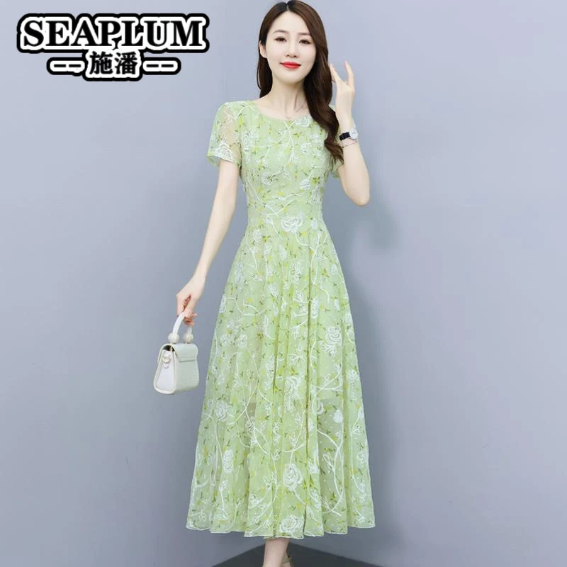 长款雪纺碎花连衣裙2025新款女夏季年轻妈妈大码显瘦时尚气质高端