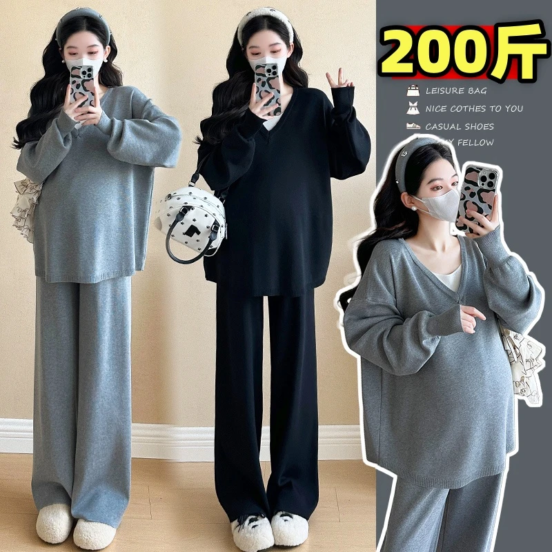 大码孕妇装套装秋冬季韩版时尚宽松显瘦V领针织上衣两件套女200斤