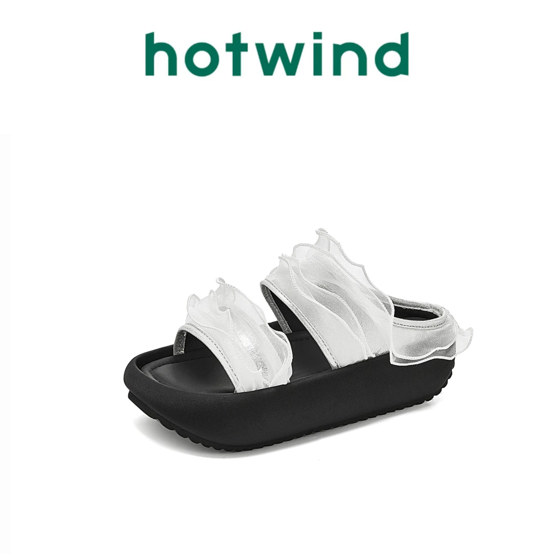 Hotwind/热风2025新款厚底拖鞋仙女风芭蕾花边一字拖沙滩拖鞋