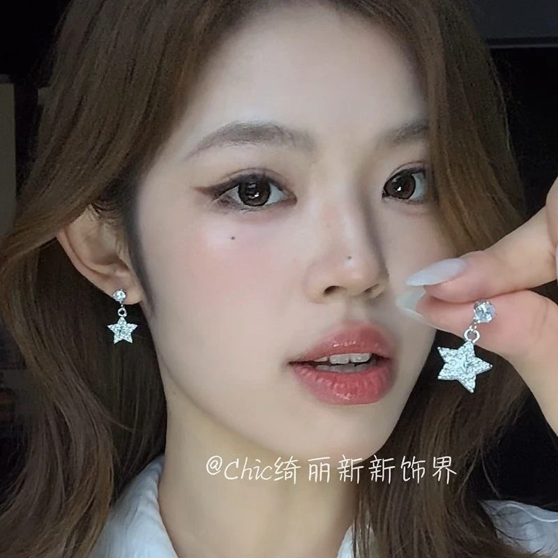合金锆石耳饰 原创小众星星耳钉吊坠镶钻耳钉爆闪锆石耳钉轻奢