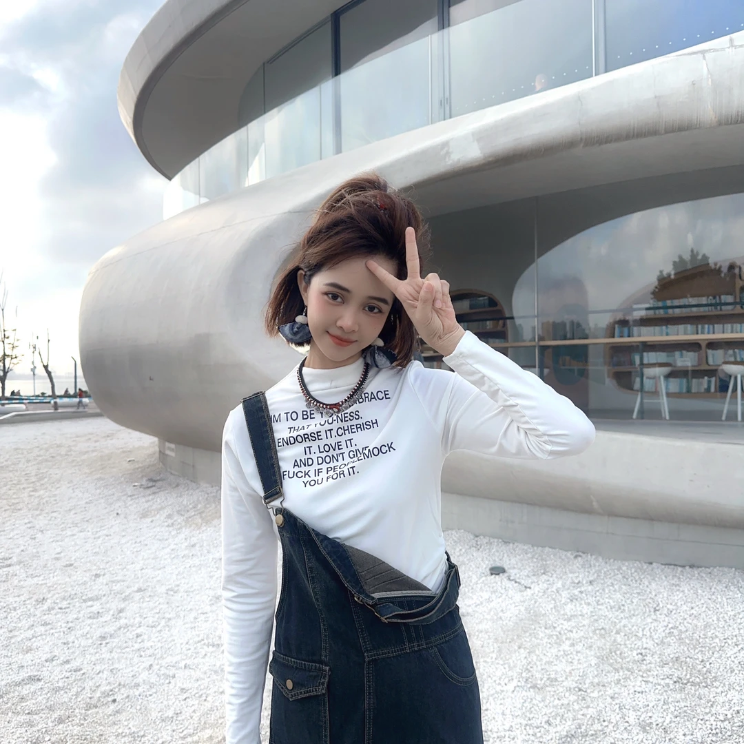 T恤长袖6868字母半高领时尚白色百搭休闲显瘦牛仔秋冬圆领韩版