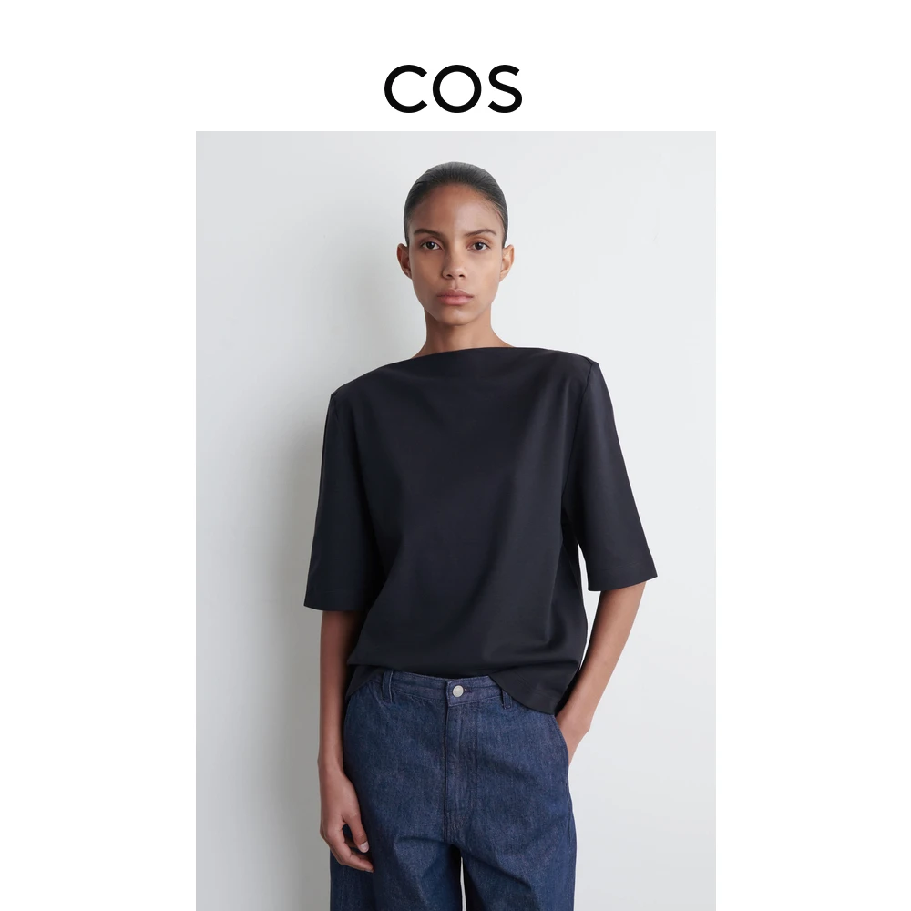 COS女装 休闲版型船领棉质T恤藏青色2025夏季新品1282529001