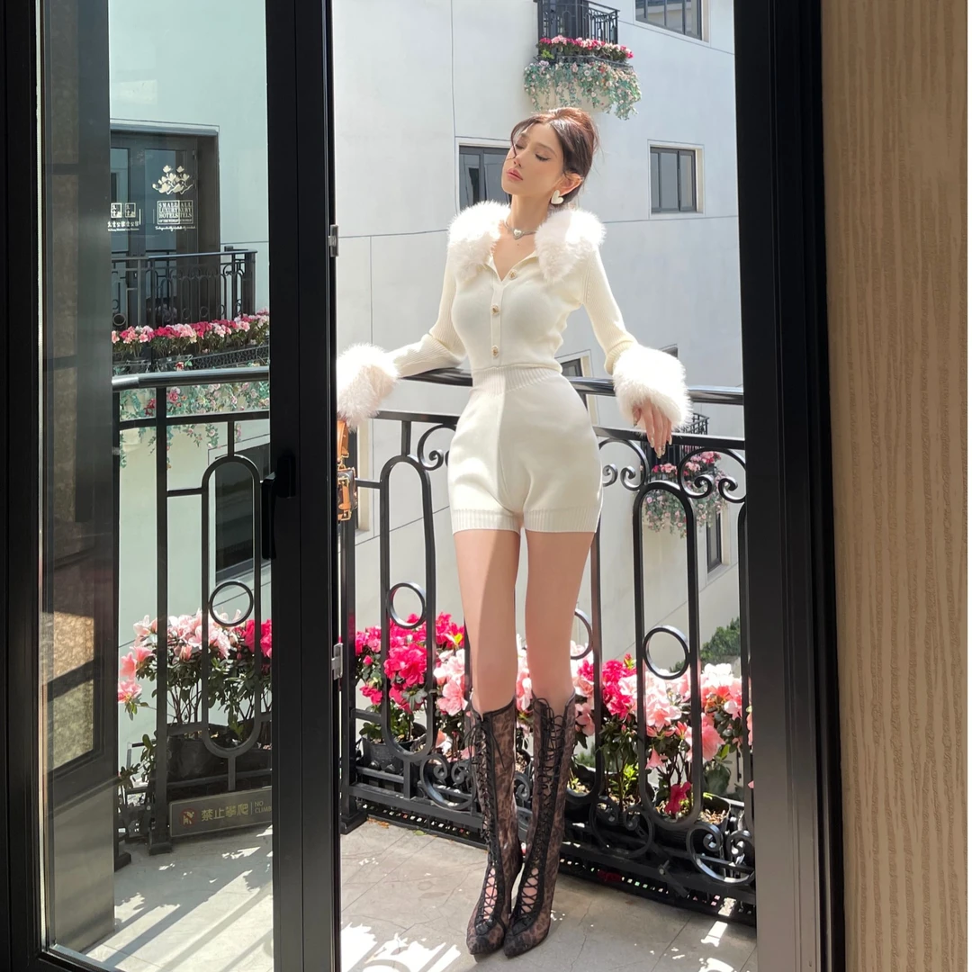 ChiclyNana  欧美风辣妹连体裤可拆卸毛毛领毛线扣针织连体衣女