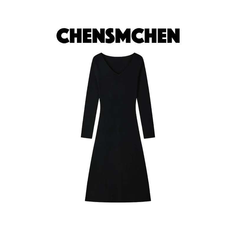 CHENSMCHEN100绵羊毛纯色简约连衣裙女气质优雅显瘦裙子CSL7535TT