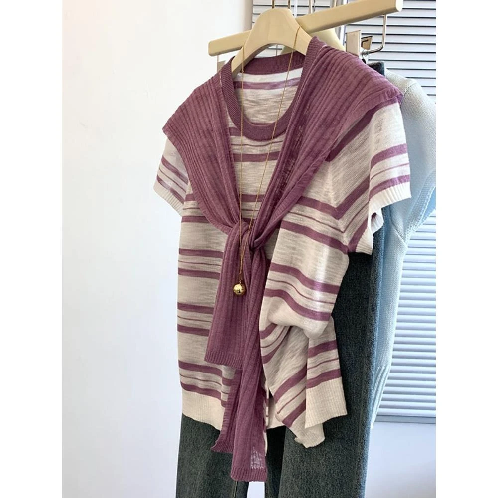 甜美减龄撞色条纹针织衫女装夏季新款慵懒风小众圆领短袖休闲上衣