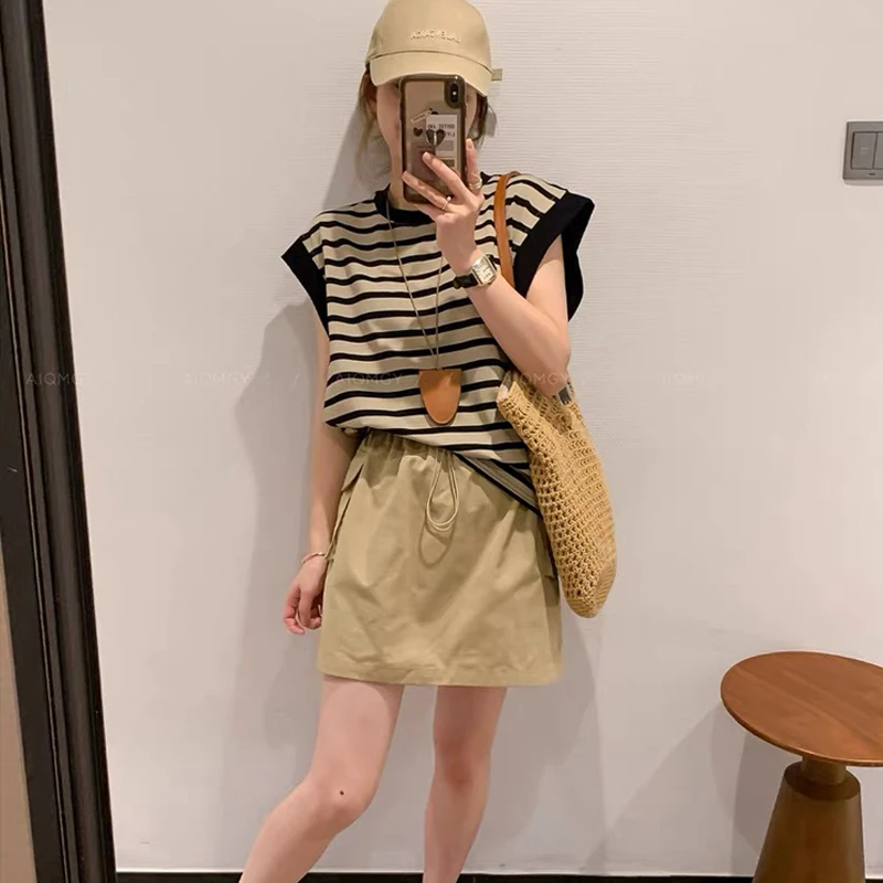 套装 撞色条纹无袖T恤高腰抽绳工装短裙新款洋气两件套装 6776