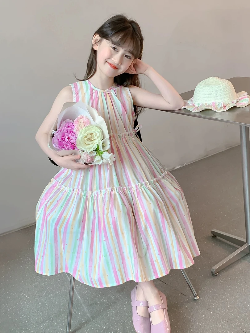 女童2025夏季背心彩虹条纹连衣裙