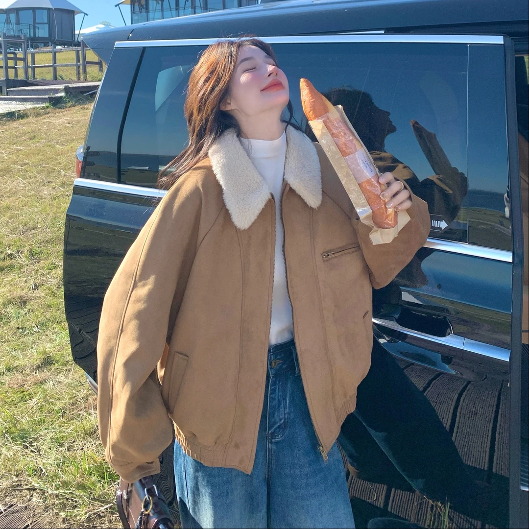 小个子短款鹿皮绒棉服女2025冬季新款超好看复古毛绒拼接夹棉外套