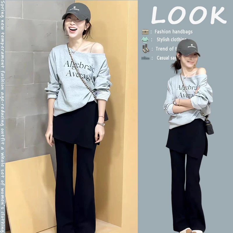 韩版慵懒风斜领露肩字母印花长袖卫衣女春季新款假两件休闲裤套装
