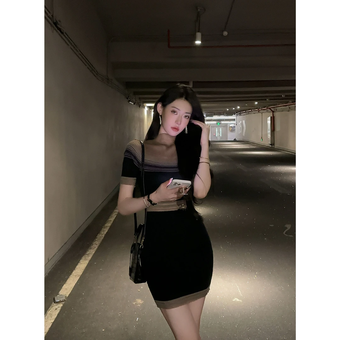 JIJINQI纯欲风网纱撞色针织连衣裙夏季显瘦包臀短裙 JD07LMPT1532