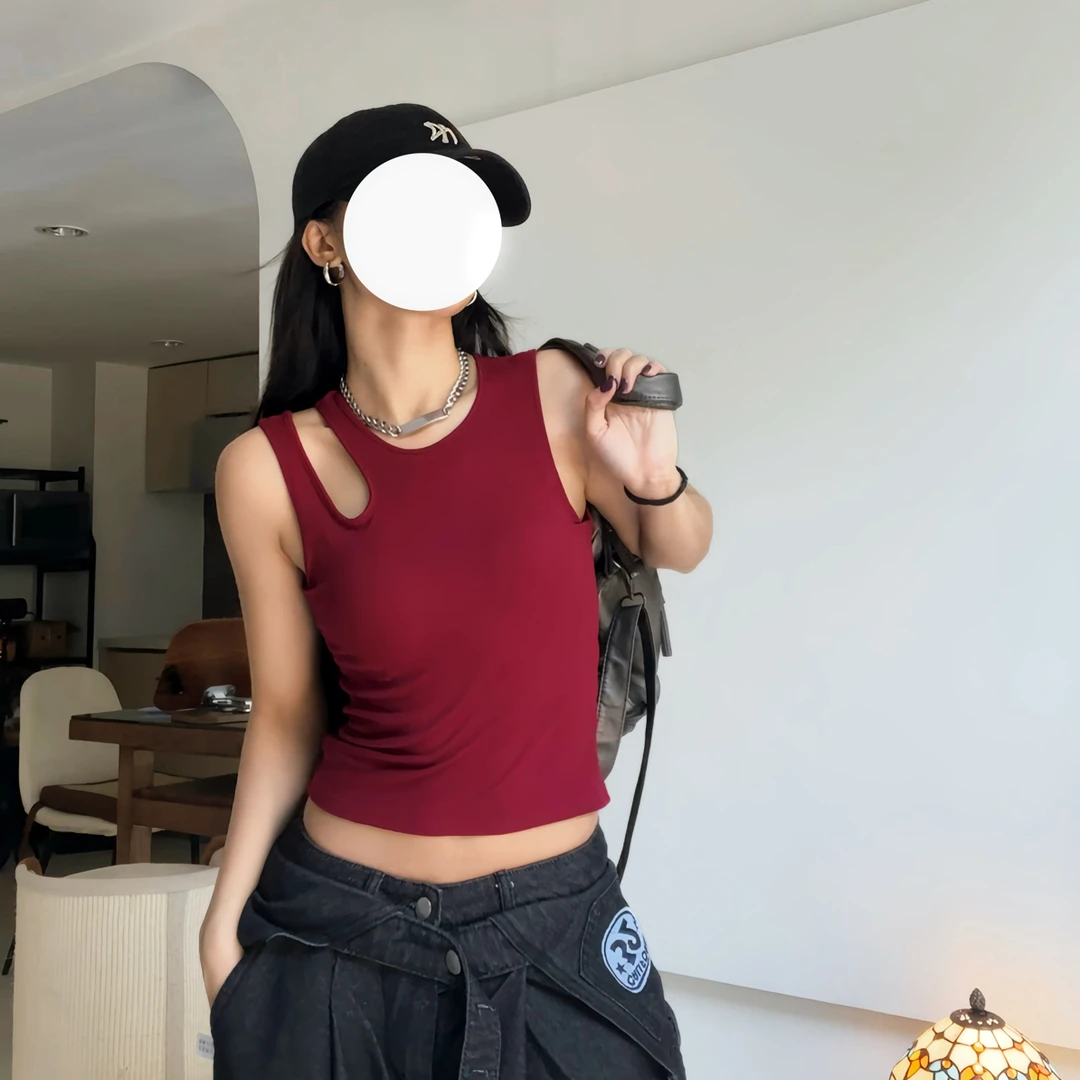 酒红色螺纹带胸垫吊带背心女夏季外穿西装内搭不规则上衣