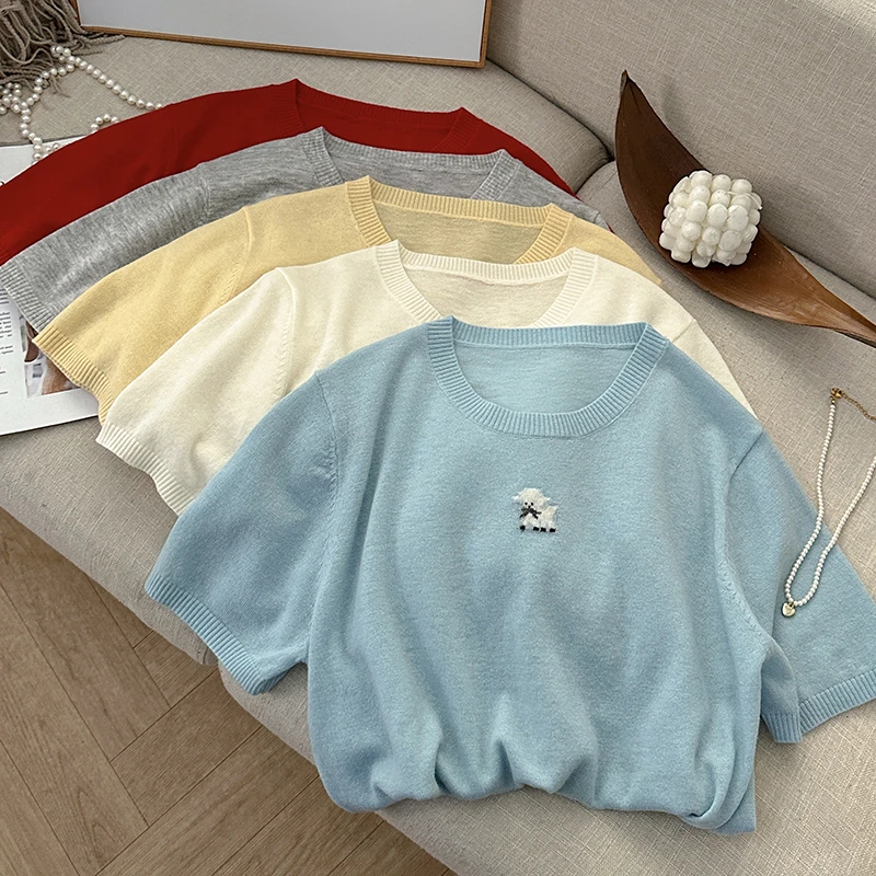 1CoMo 新款全羊毛薄款套头款刺绣印花圆领显瘦韩版设计感短袖2519