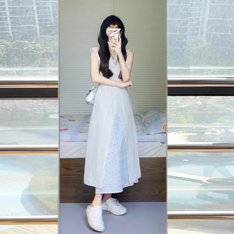 法式气质无袖v领白色连衣裙子女夏季2025新款夏装搭配一整套长裙