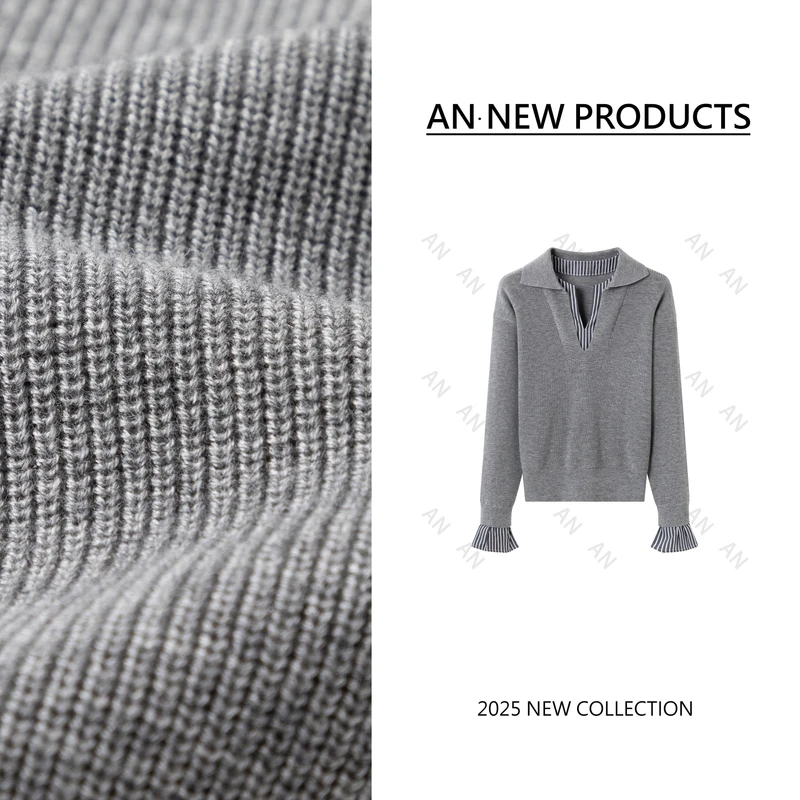 C02350新款时尚别致宽松休闲慵懒风拼接条纹针织衫