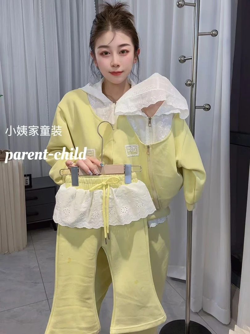 春季女童套装2025新款洋气儿童时尚大童女孩儿童春秋蕾丝连帽卫衣