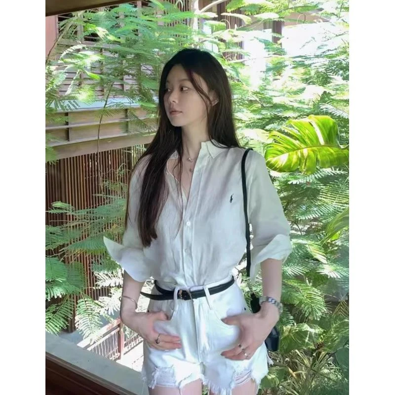 绣花衬衫棉麻衬衫百搭通勤浅蓝小清新夏季防晒宽松衬衫