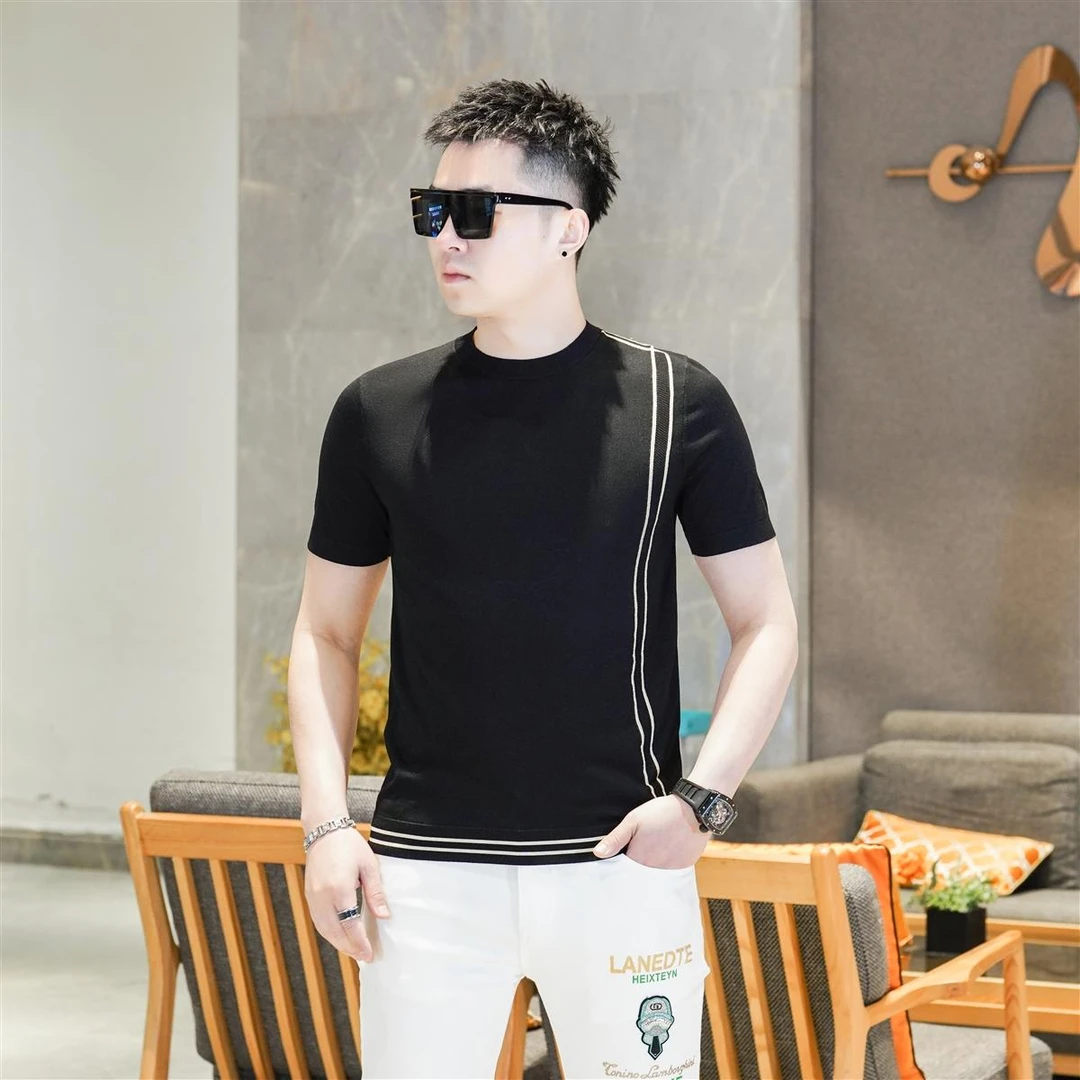 高级感几何撞色圆领针织衫帅气修身潮牌欧货半袖短袖T恤男GL60033