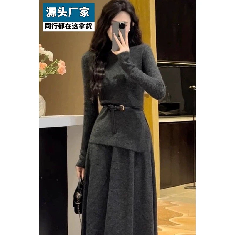 梵乐芬韩系茶系穿搭连衣裙秋冬季新款小个子法式高级感套装长裙