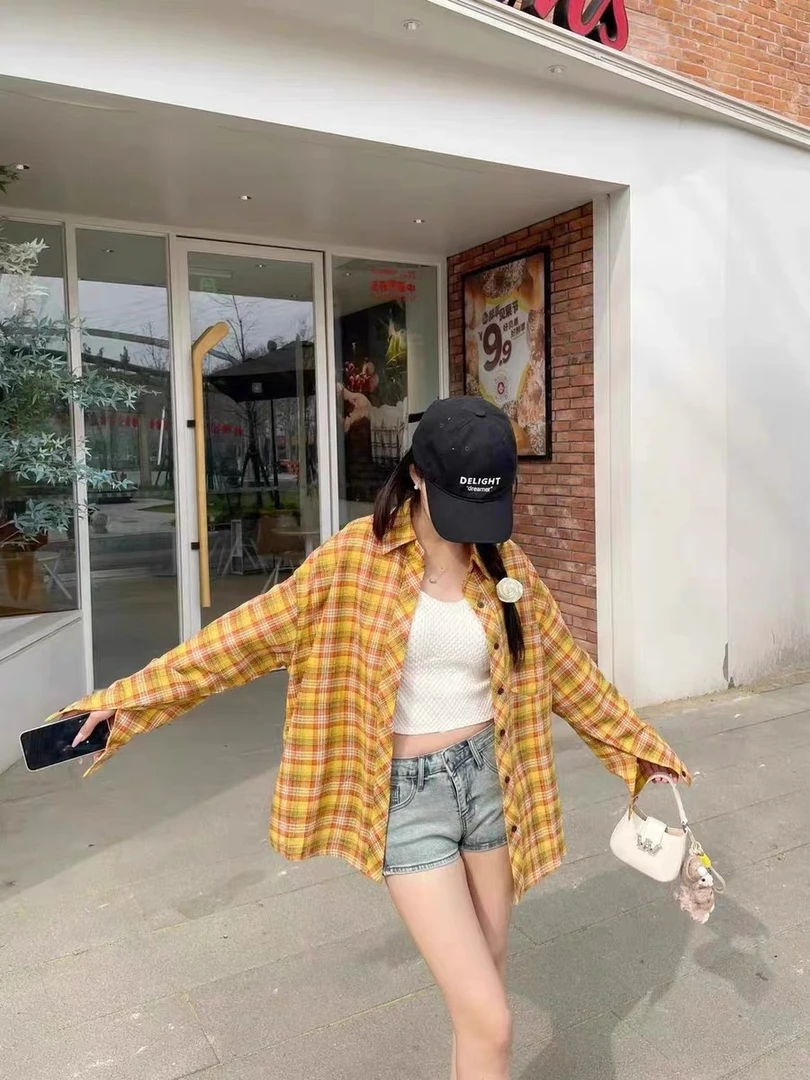 黄色格子衬衫女春秋2025新款薄款长袖上衣慵懒百搭防晒衬衣外套女