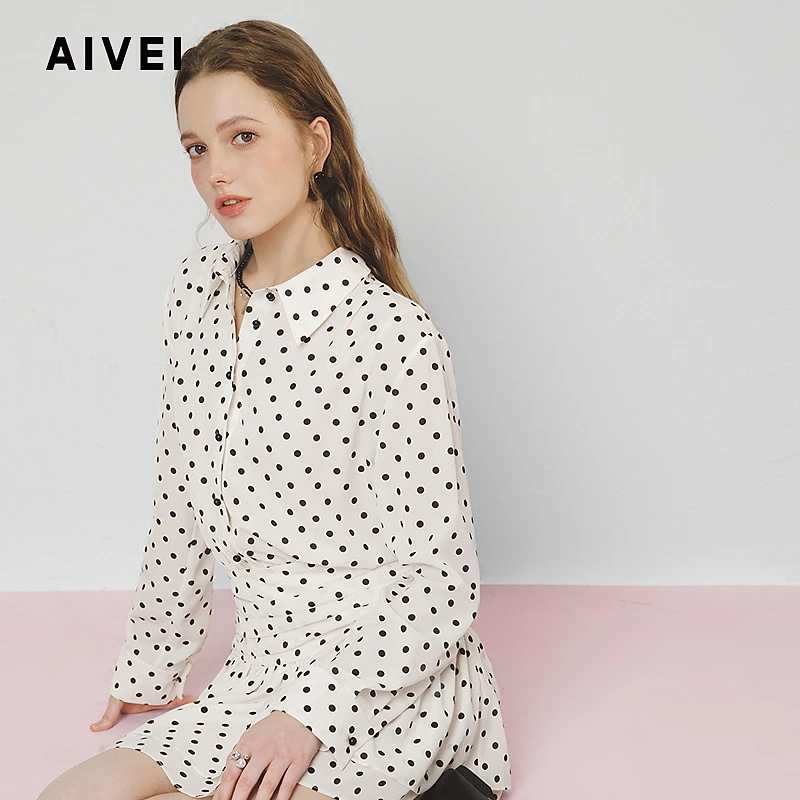 AIVEI欣贺艾薇春季复古春游知性气质感高腰波点连衣裙S711002A