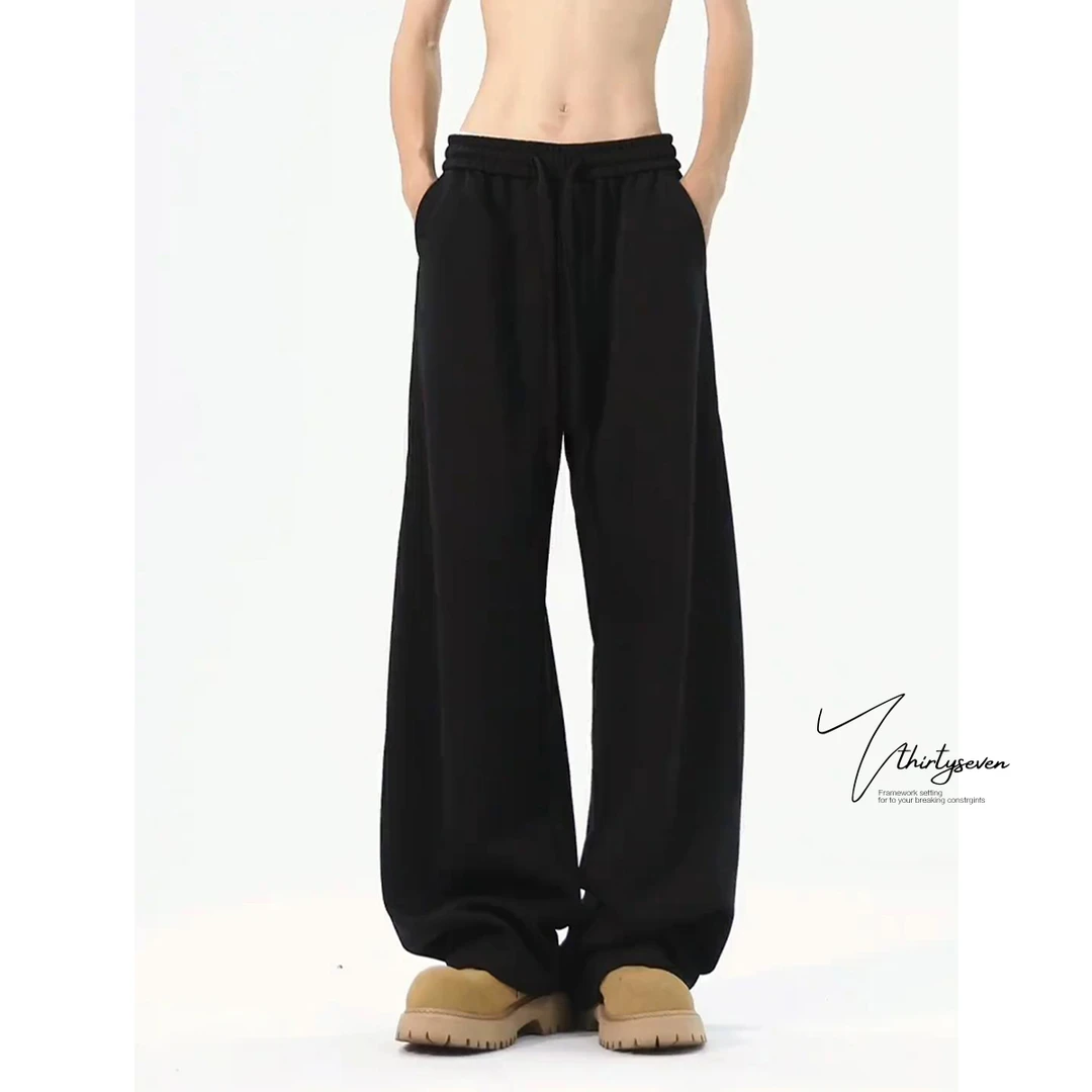 V37 黑色慵懒风阔腿裤子男款2025春秋新款宽松百搭直筒潮流休闲裤