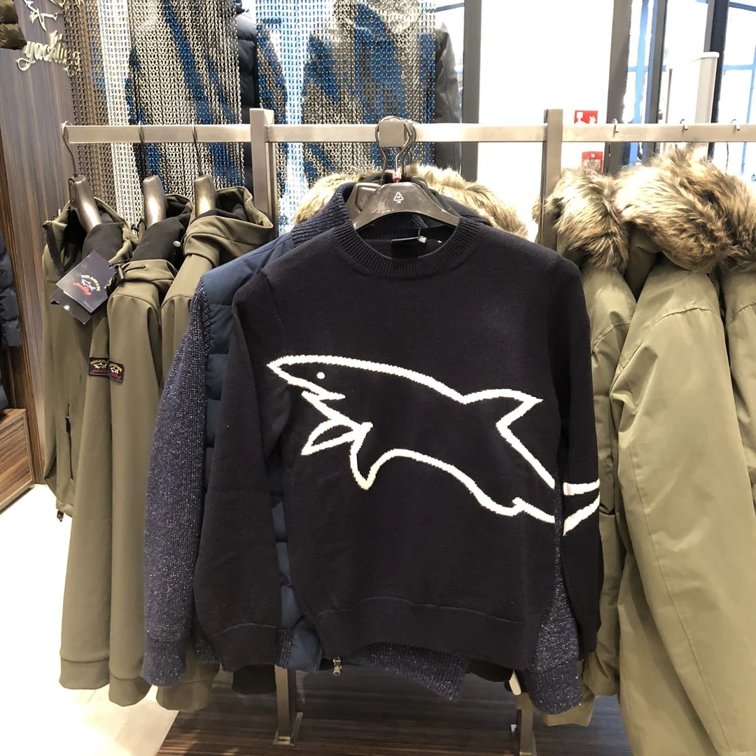 意鲨 不可退换 藏青色大图案100羊毛圆领套头毛衣