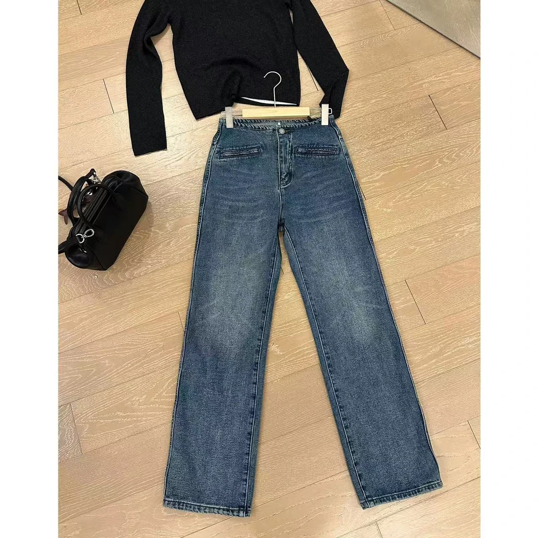 【无腰头拉链牛仔裤】秋冬水洗窄版裤子 2412B6065