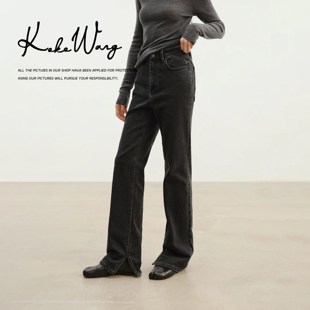 KOKO WANG秋冬流光风复古洗水中腰开叉显瘦直筒牛仔裤N6735G14K02