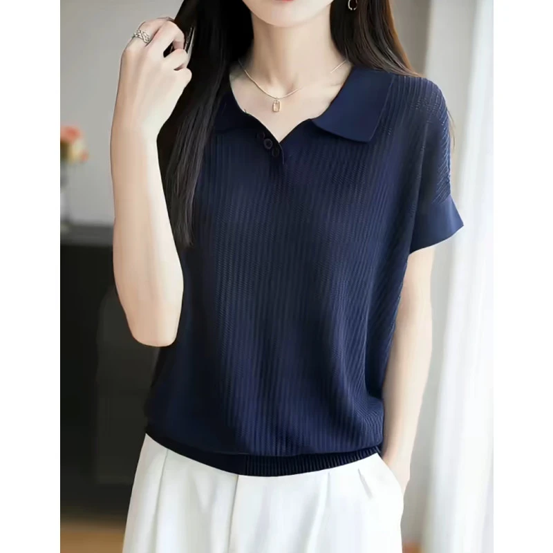 2025夏季薄款大码针织短袖t恤女梨型身材胖mm显瘦polo衫冰丝上衣