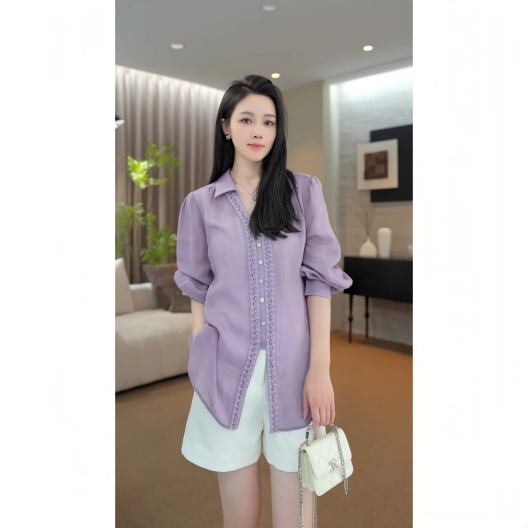 【MEEUMI】夏季女装苎麻天丝紫色编织门襟长袖衬衫TB2292HL