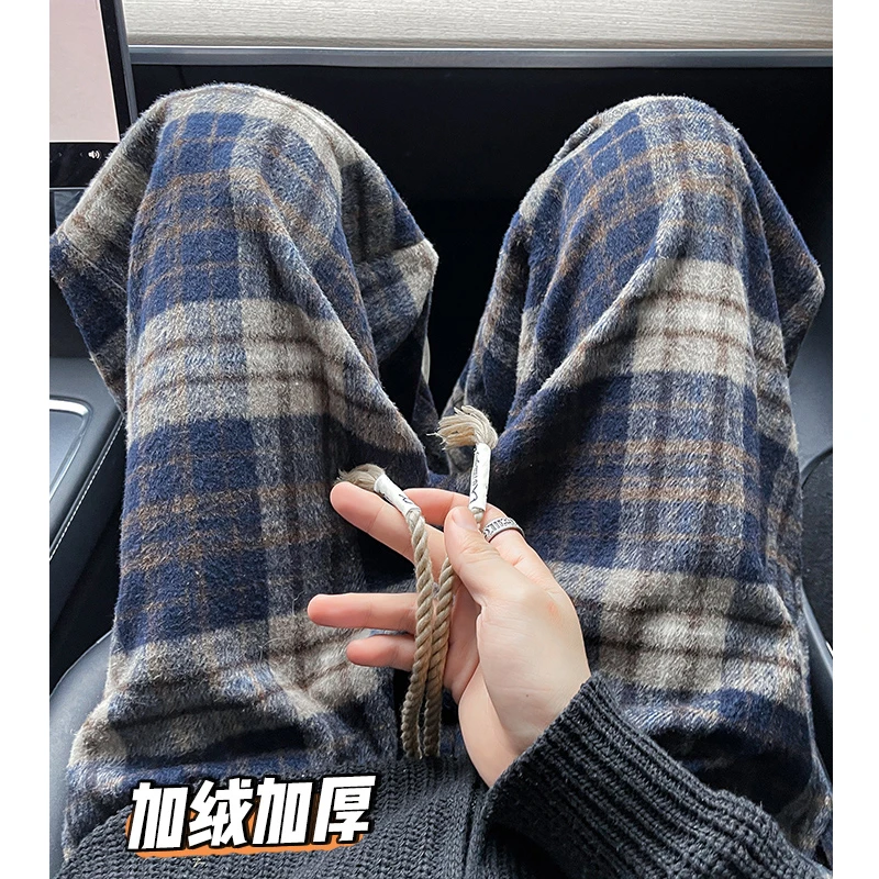 美式藏青格子毛呢休闲裤男冬季加绒加厚宽松阔腿卫裤潮流运动长裤