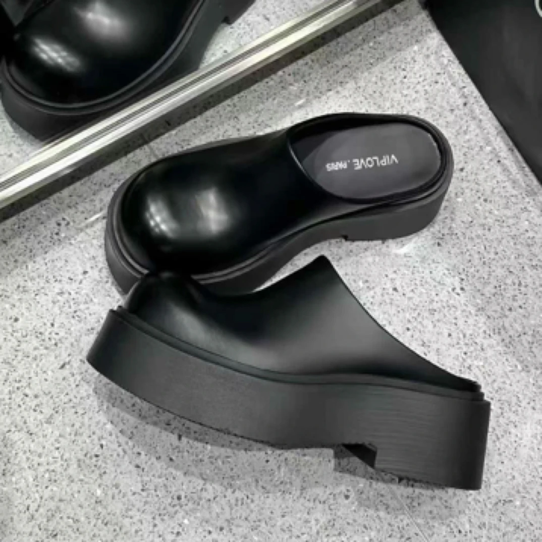 厚底博肯包头半拖鞋女2025新款头层牛皮极简风拖鞋