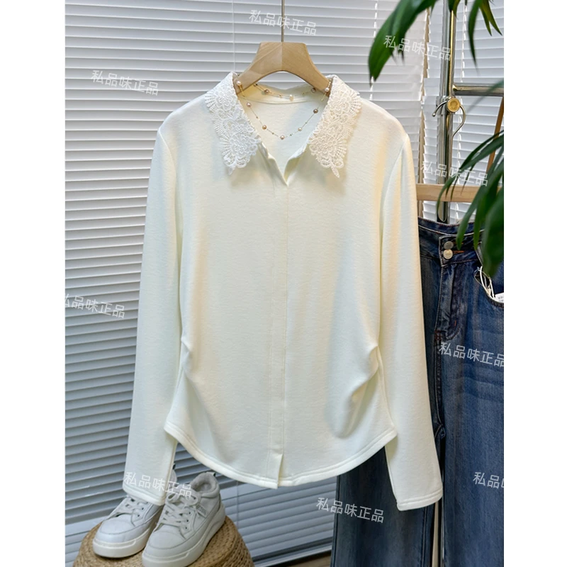 私品味秋冬女装新款拼接花边翻领上衣T爆百搭打底衫女内搭SS10117