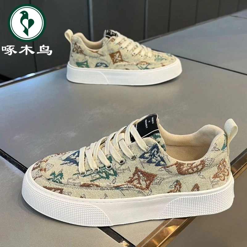 【正品】啄木鸟男鞋秋季透气潮流百搭休闲帆布鞋子男款低帮运动板鞋