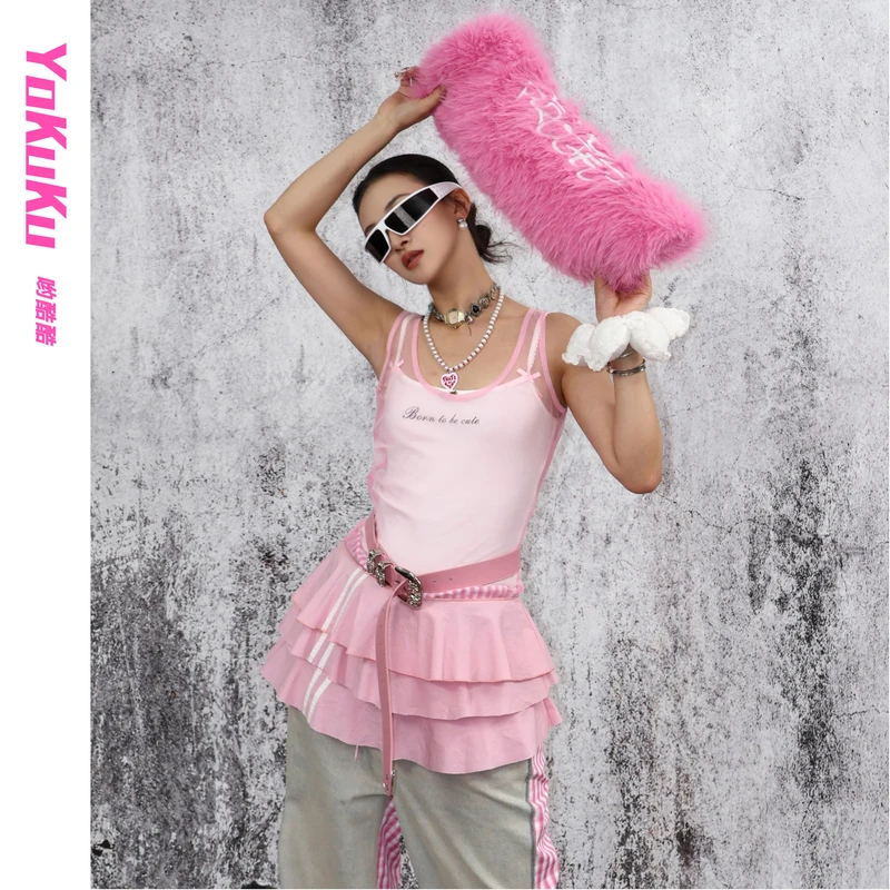 哟酷酷（草莓奶芙）法式复古叠穿泽西芭蕾风透视蓬蓬蛋糕连衣短裙