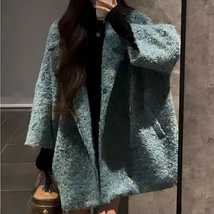 法式小香中长款粗花毛呢外套女秋冬2025新款廓形宽松加厚呢子大衣