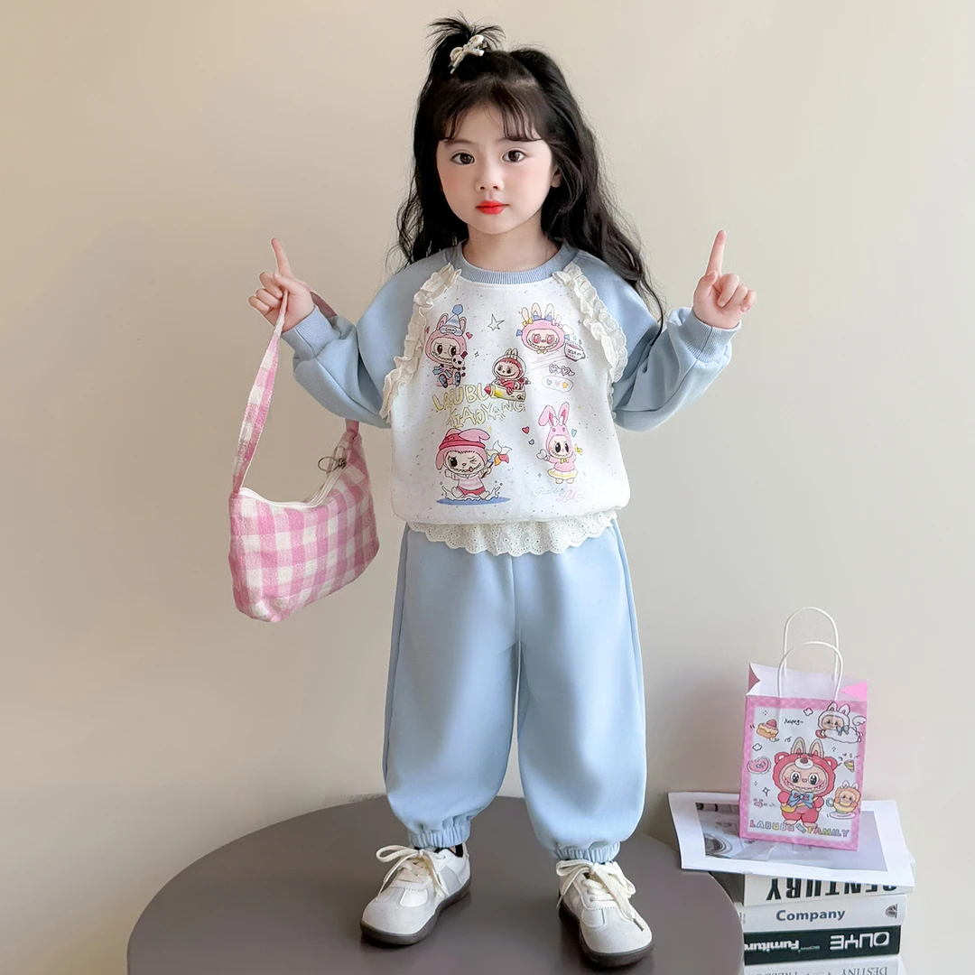 女小童运动套装春秋款洋气女宝宝卡通花边卫衣秋装儿童网红两件套