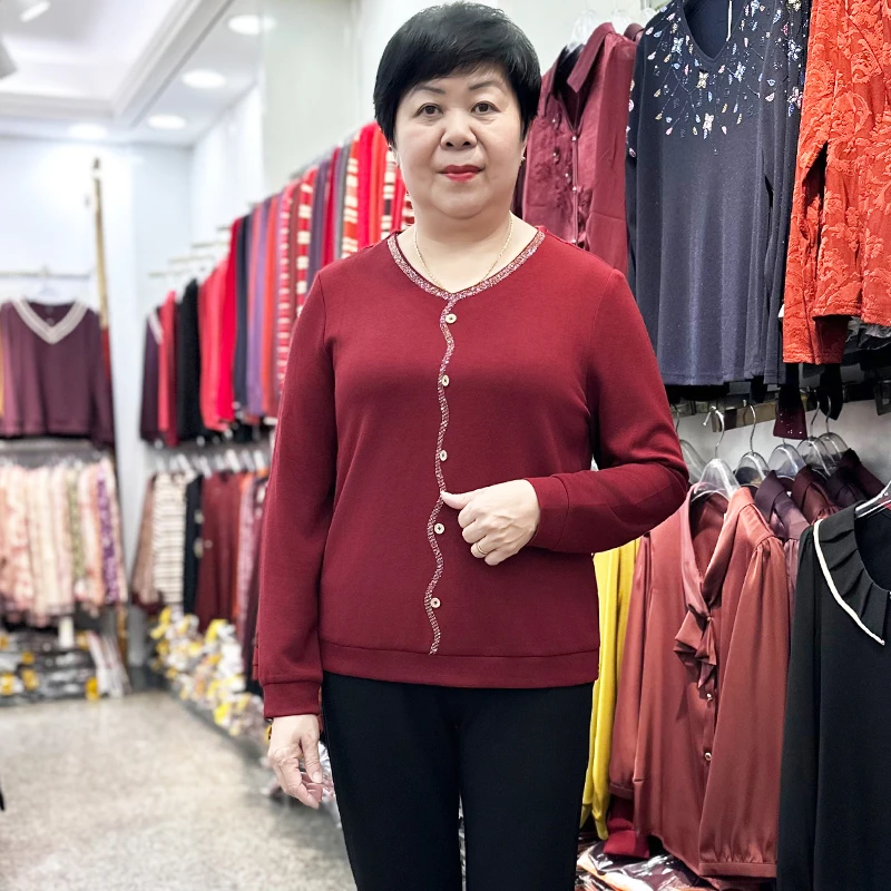 春秋季时尚妈妈装长袖T恤洋气打底衫中老年女装50-60岁喜婆婆上衣