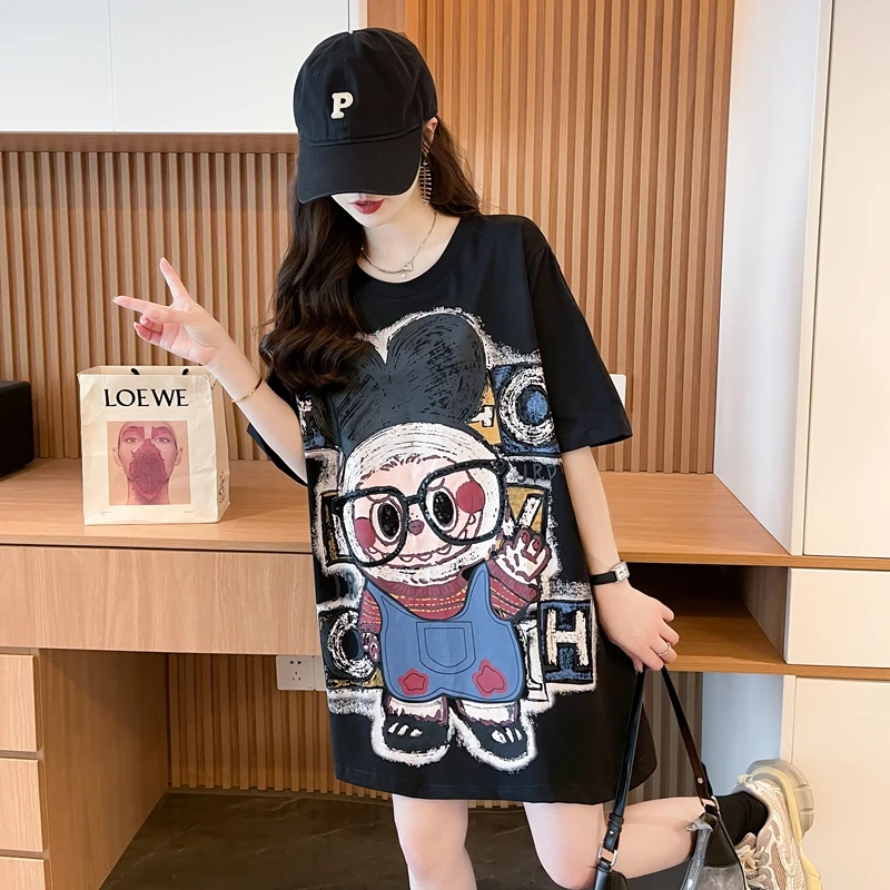 夏季韩版宽松中长款纯棉卡通短袖T恤女设计感时尚百搭潮流上衣ins